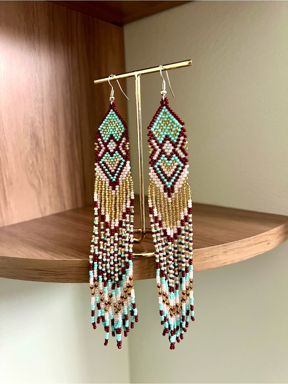 Gorgeous Turquoise & Burgundy Beaded Fringe Earrings